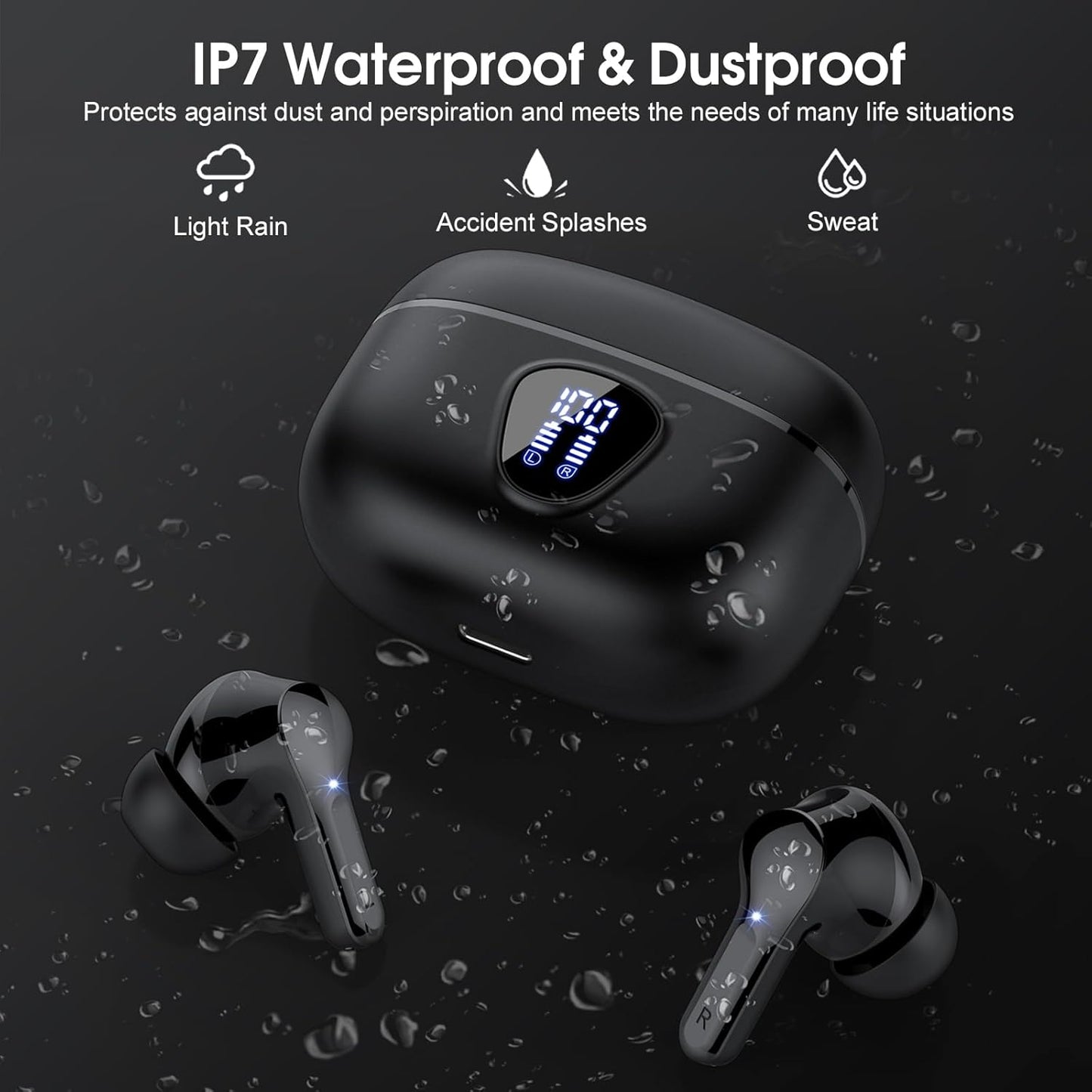 Premium Wireless Earbuds with Bluetooth 5.4, HiFi Stereo Sound, ENC Noise Cancelling Mic, IP7 Waterproof, 48H Playtime & LED Display - Perfect for Sports & Workouts, Black