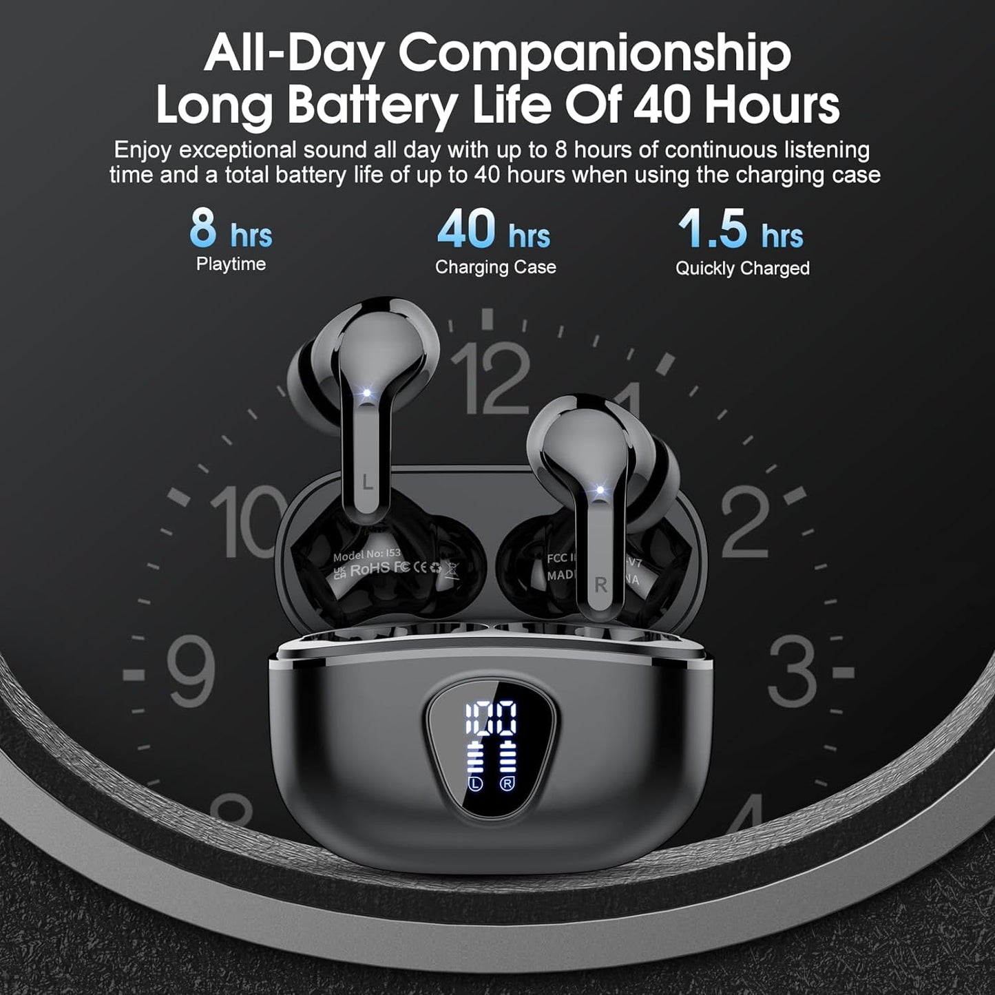 Premium Wireless Earbuds with Bluetooth 5.4, HiFi Stereo Sound, ENC Noise Cancelling Mic, IP7 Waterproof, 48H Playtime & LED Display - Perfect for Sports & Workouts, Black