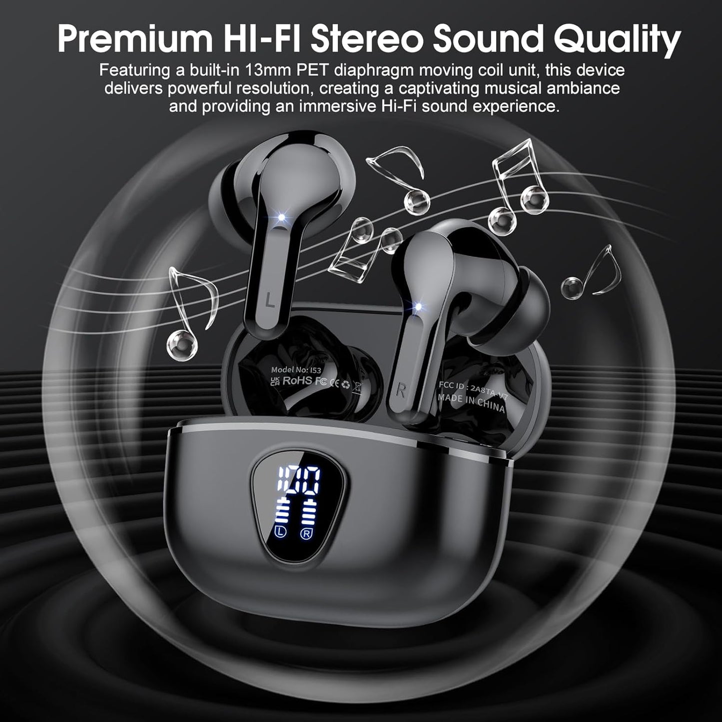 Premium Wireless Earbuds with Bluetooth 5.4, HiFi Stereo Sound, ENC Noise Cancelling Mic, IP7 Waterproof, 48H Playtime & LED Display - Perfect for Sports & Workouts, Black