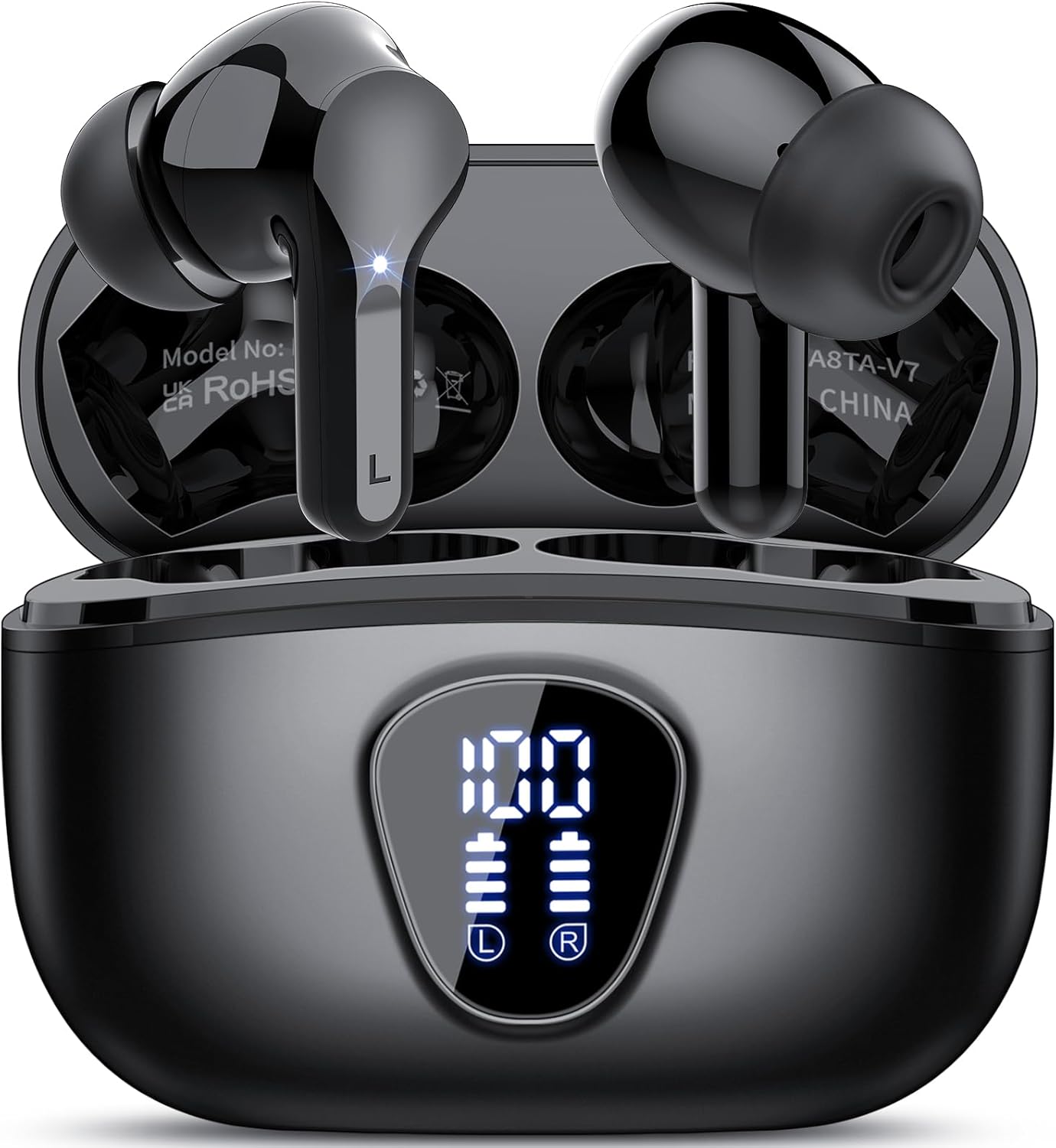 Premium Wireless Earbuds with Bluetooth 5.4, HiFi Stereo Sound, ENC Noise Cancelling Mic, IP7 Waterproof, 48H Playtime & LED Display - Perfect for Sports & Workouts, Black