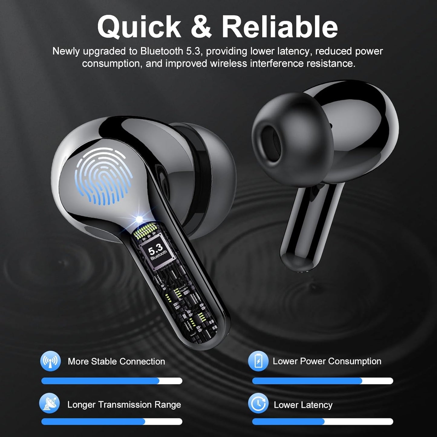 Premium Wireless Earbuds with Bluetooth 5.4, HiFi Stereo Sound, ENC Noise Cancelling Mic, IP7 Waterproof, 48H Playtime & LED Display - Perfect for Sports & Workouts, Black