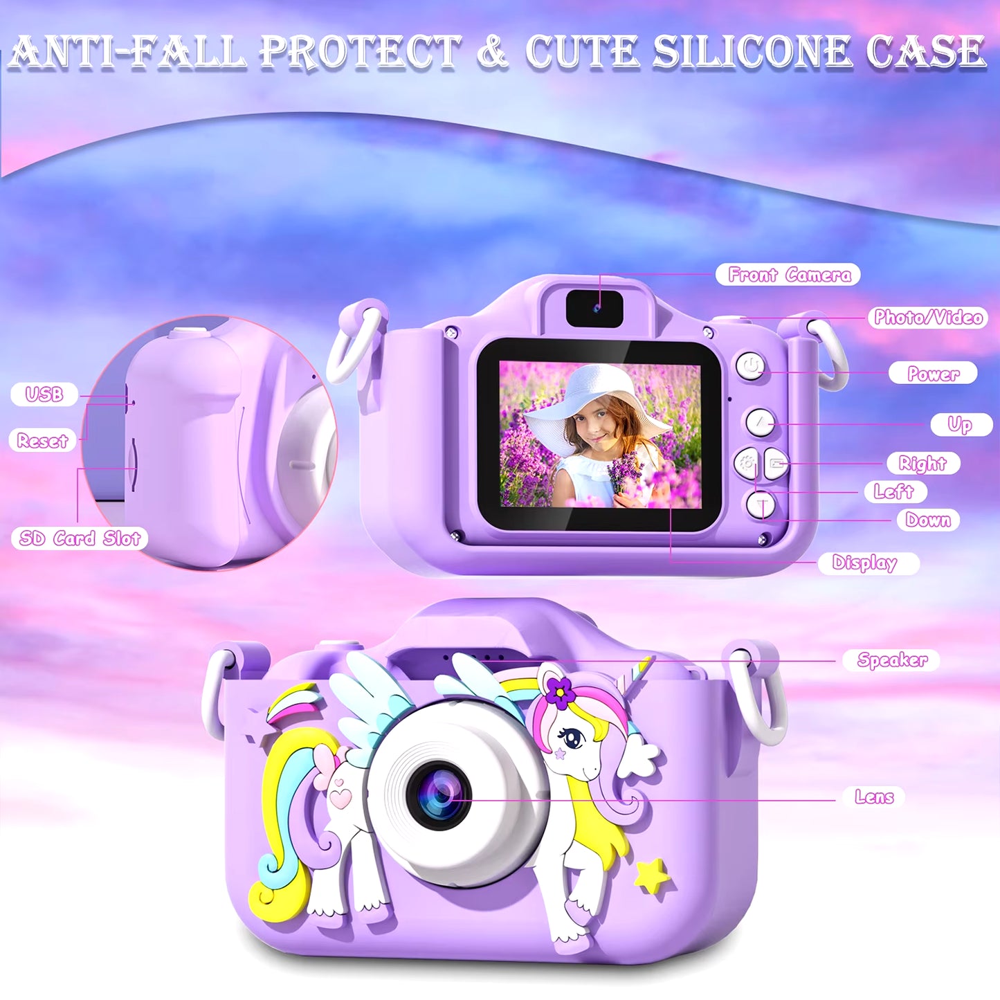 Kids Mini Camera Cartoon Unicorn Toys for Girls Boys Birthday Gifts 1080P HD 2Inch Screen with 32G SD Card Record Life Camera