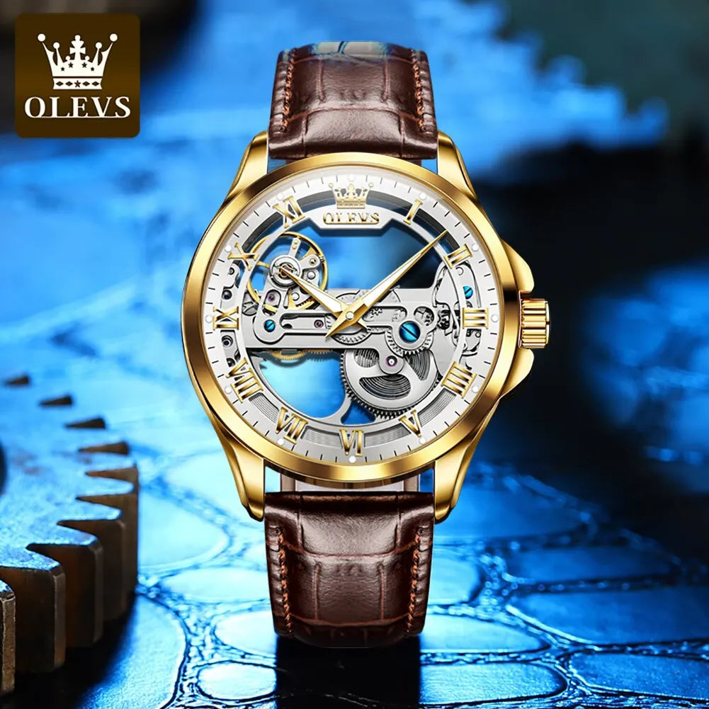 OLEVS Luxury Men's Automatic Mechanical Skeleton Wristwatch with Waterproof Leather Strap