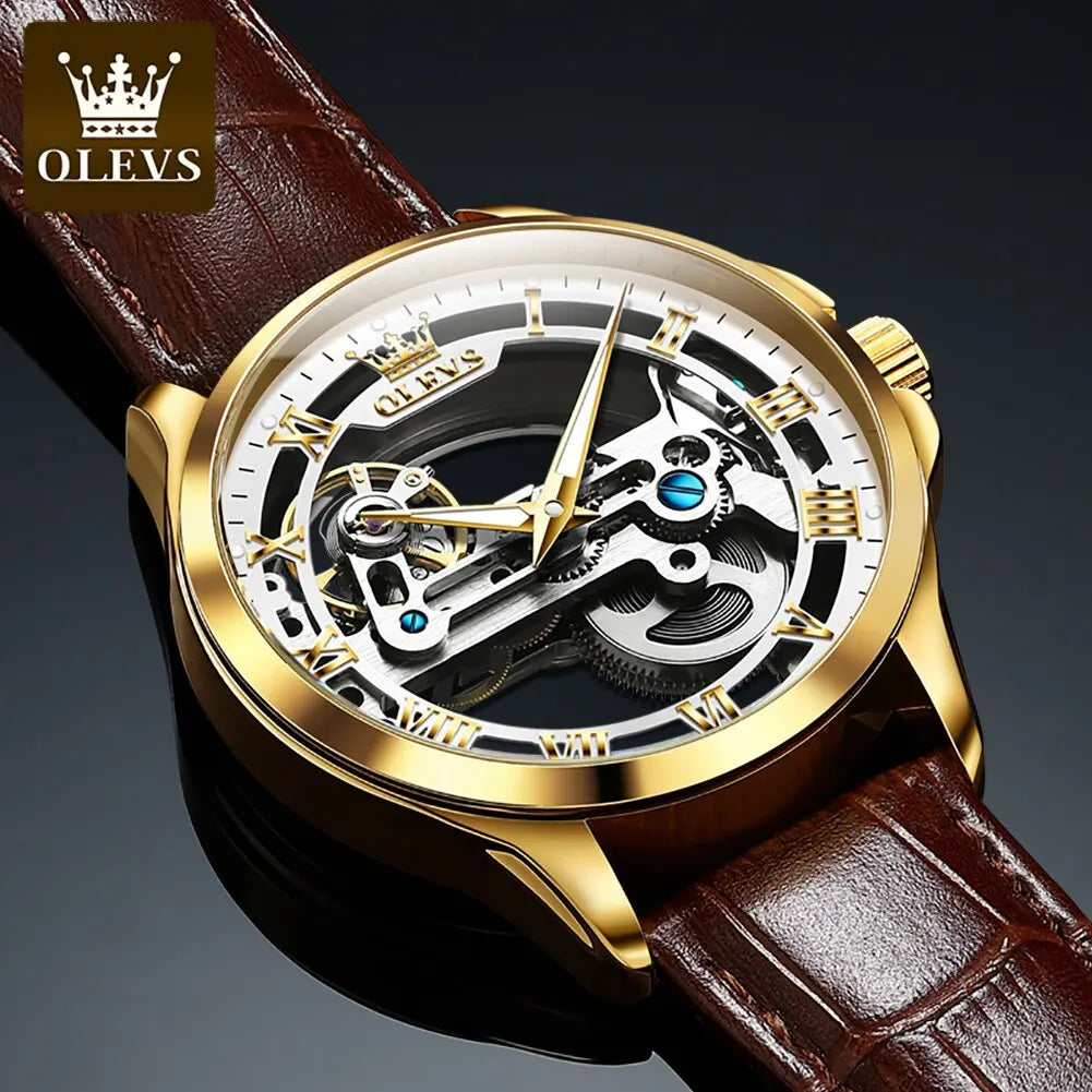 OLEVS Luxury Men's Automatic Mechanical Skeleton Wristwatch with Waterproof Leather Strap