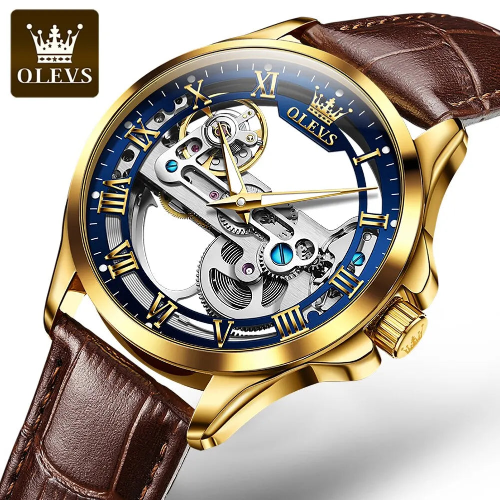 OLEVS Luxury Men's Automatic Mechanical Skeleton Wristwatch with Waterproof Leather Strap