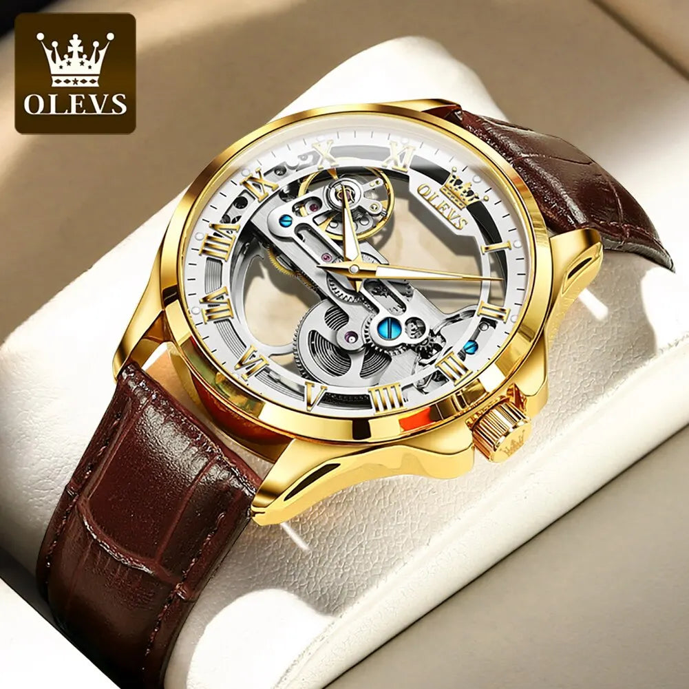 OLEVS Luxury Men's Automatic Mechanical Skeleton Wristwatch with Waterproof Leather Strap
