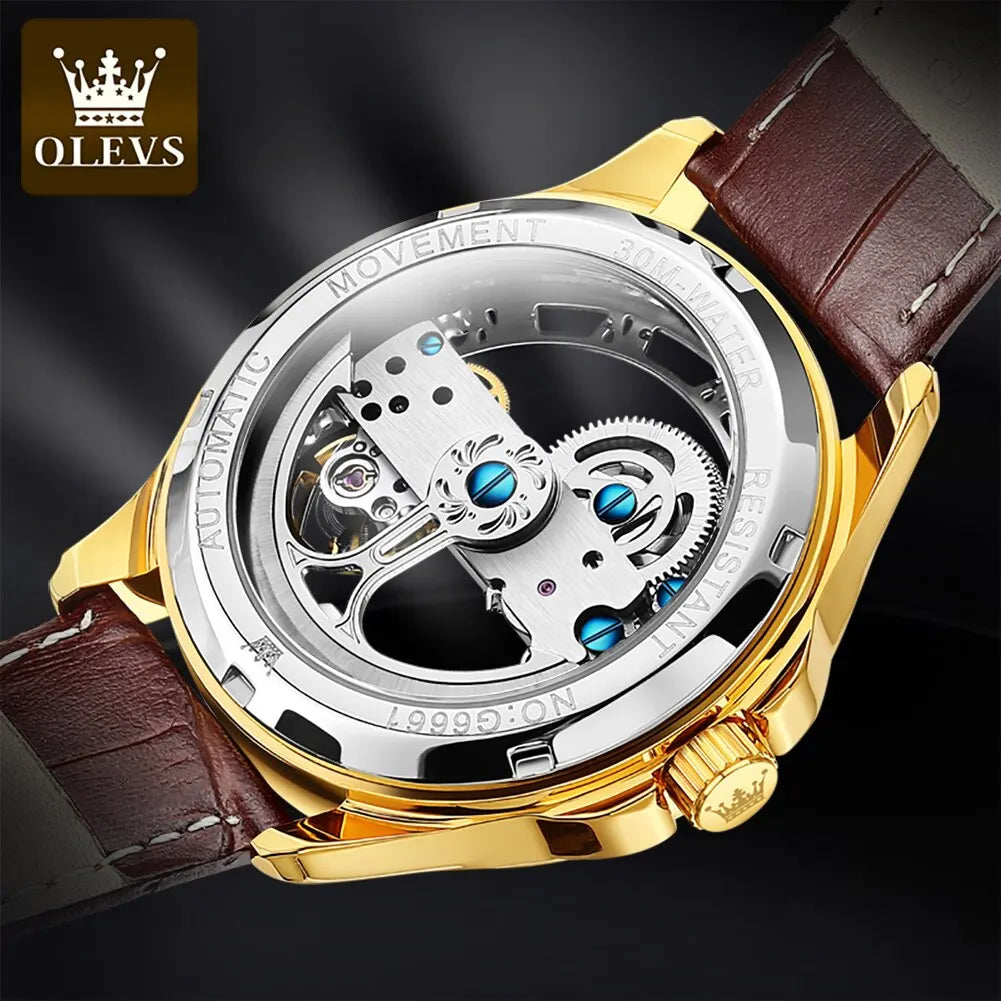 OLEVS Luxury Men's Automatic Mechanical Skeleton Wristwatch with Waterproof Leather Strap