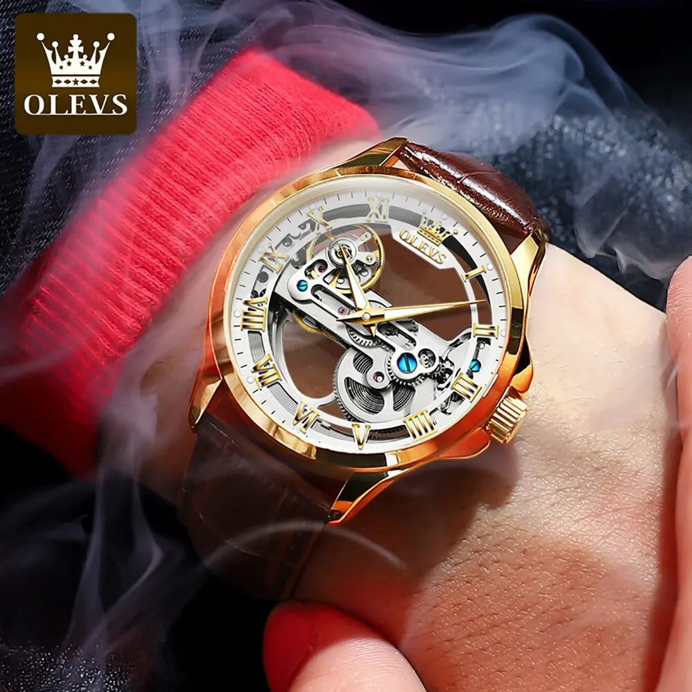 OLEVS Luxury Men's Automatic Mechanical Skeleton Wristwatch with Waterproof Leather Strap