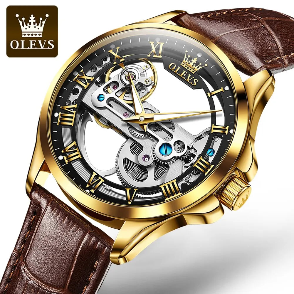 OLEVS Luxury Men's Automatic Mechanical Skeleton Wristwatch with Waterproof Leather Strap