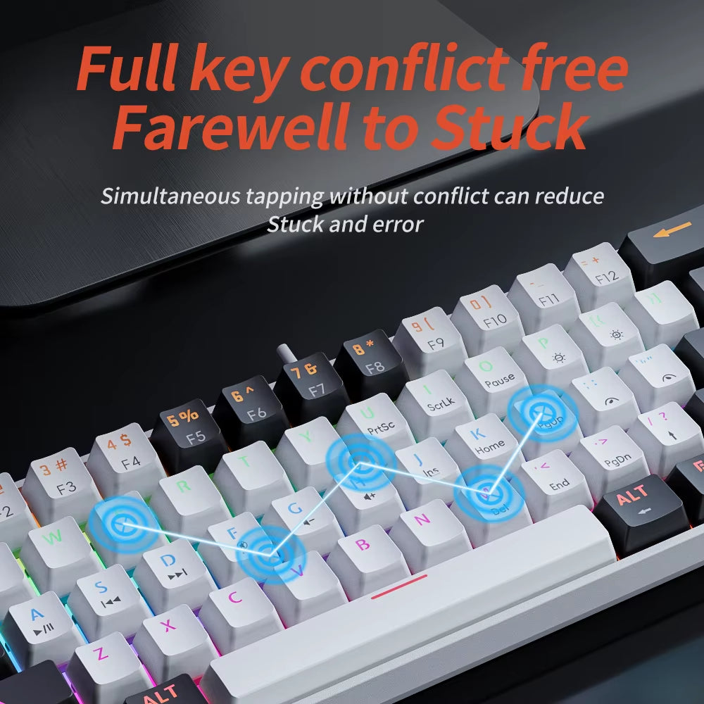 MK61 USB Gaming Mechanical Keyboard Red Switch RGB Backlit Hot Swappable 61 Keys Wired Detachable Cable