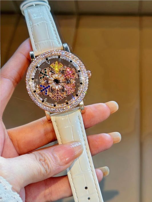 Luxury Women's Quartz Watch with Colorful Rhinestone Inlay, Rotating Snowflake Dial and Waterproof Design 