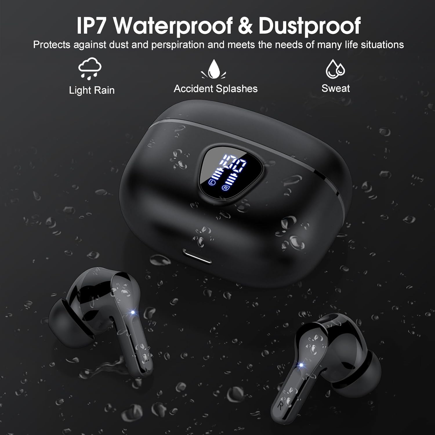 Premium Wireless Earbuds with Bluetooth 5.4, HiFi Stereo Sound, ENC Noise Cancelling Mic, IP7 Waterproof, 48H Playtime & LED Display - Perfect for Sports & Workouts, Black