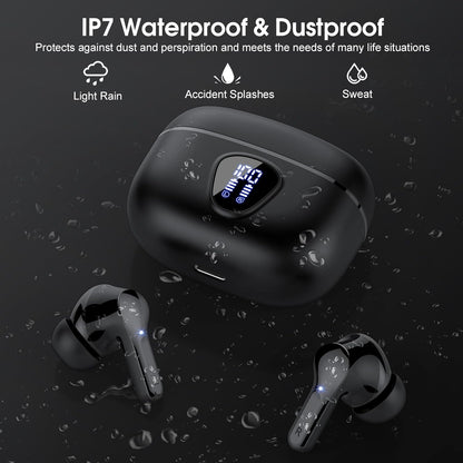 Premium Wireless Earbuds with Bluetooth 5.4, HiFi Stereo Sound, ENC Noise Cancelling Mic, IP7 Waterproof, 48H Playtime & LED Display - Perfect for Sports & Workouts, Black