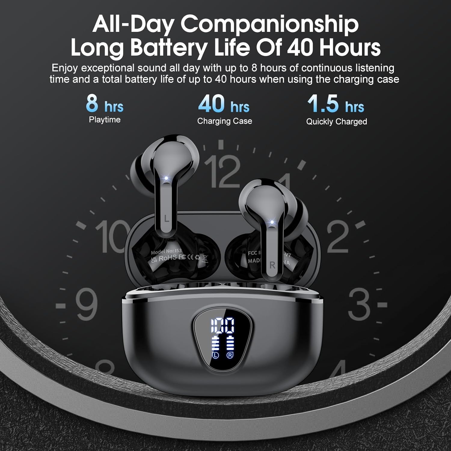 Premium Wireless Earbuds with Bluetooth 5.4, HiFi Stereo Sound, ENC Noise Cancelling Mic, IP7 Waterproof, 48H Playtime & LED Display - Perfect for Sports & Workouts, Black