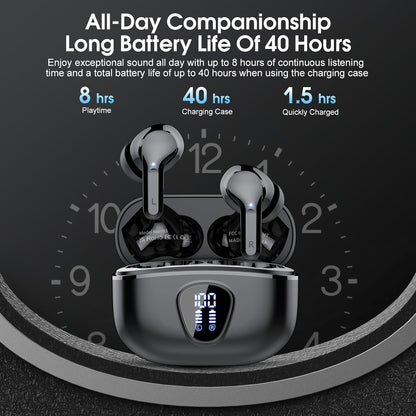 Premium Wireless Earbuds with Bluetooth 5.4, HiFi Stereo Sound, ENC Noise Cancelling Mic, IP7 Waterproof, 48H Playtime & LED Display - Perfect for Sports & Workouts, Black