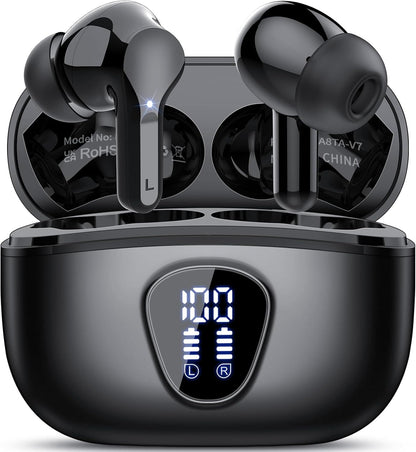 Premium Wireless Earbuds with Bluetooth 5.4, HiFi Stereo Sound, ENC Noise Cancelling Mic, IP7 Waterproof, 48H Playtime & LED Display - Perfect for Sports & Workouts, Black