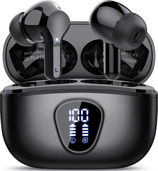 Premium Wireless Earbuds with Bluetooth 5.4, HiFi Stereo Sound, ENC Noise Cancelling Mic, IP7 Waterproof, 48H Playtime & LED Display - Perfect for Sports & Workouts, Black