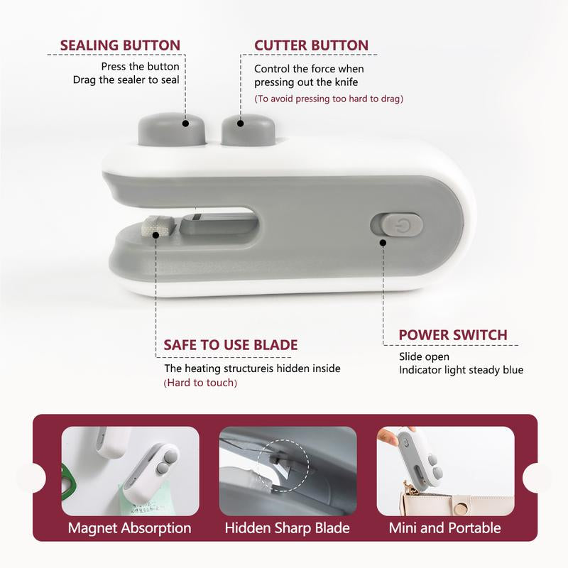 Rechargeable 2-in-1 Mini Snack Bag Sealing Machine with Chip Knife and USB Charging – Hot Vacuum Sealing for Food Freshness