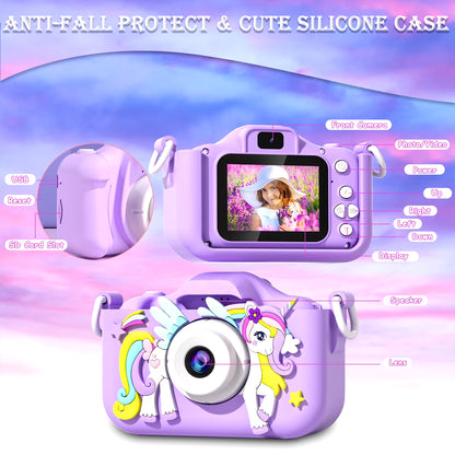 Kids Mini Camera Cartoon Unicorn Toys for Girls Boys Birthday Gifts 1080P HD 2Inch Screen with 32G SD Card Record Life Camera