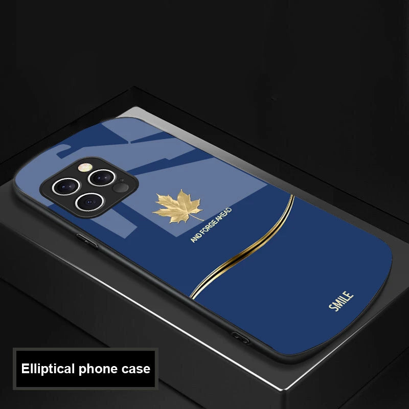  luxury Maple Leaf case for iPhone 16, 15 , 14, 13 and 12. Pro and Max also. Elliptical Glass Phone Case