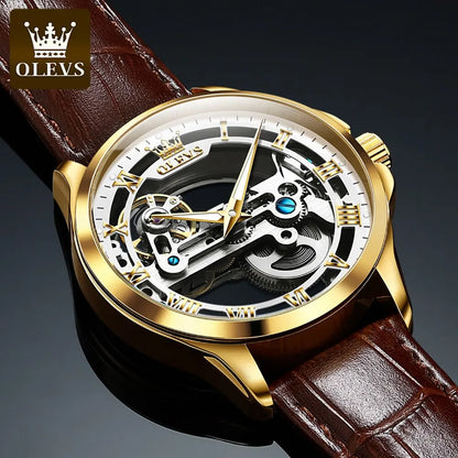 OLEVS Luxury Men's Automatic Mechanical Skeleton Wristwatch with Waterproof Leather Strap