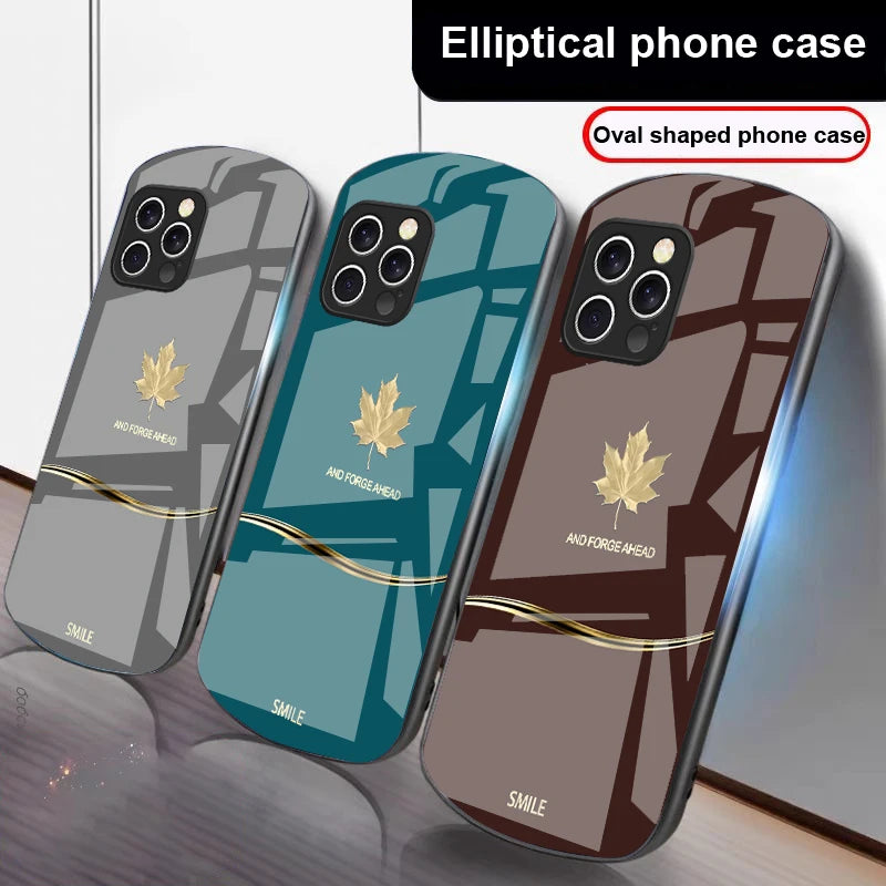  luxury Maple Leaf case for iPhone 16, 15 , 14, 13 and 12. Pro and Max also. Elliptical Glass Phone Case