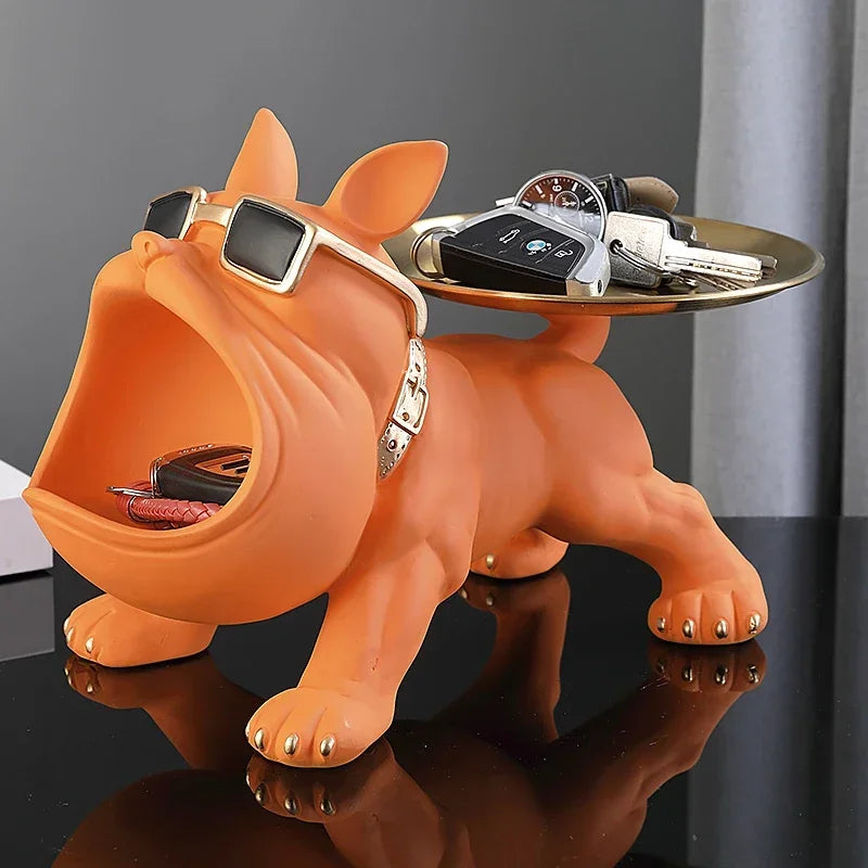 Bulldog Resin Statue with Storage Tray - Elegant Animal Decoration and Art Sculpture for Home Decor