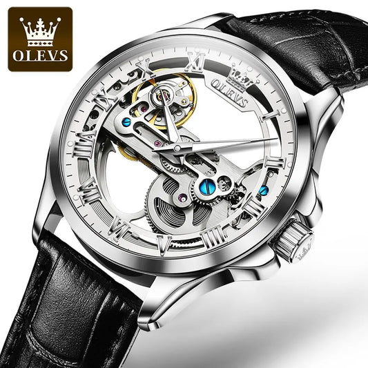OLEVS Luxury Men's Automatic Mechanical Skeleton Wristwatch with Waterproof Leather Strap