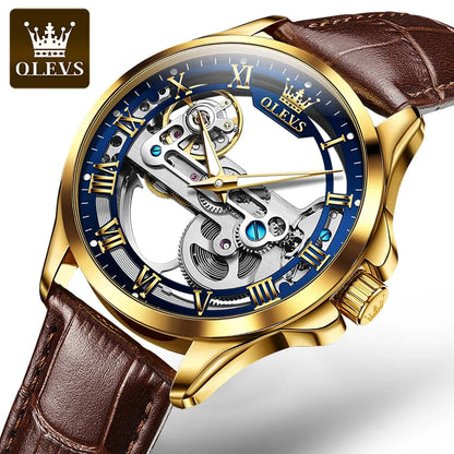 OLEVS Luxury Men's Automatic Mechanical Skeleton Wristwatch with Waterproof Leather Strap