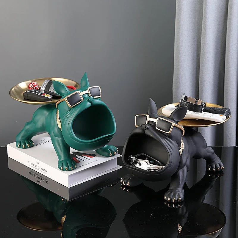 Bulldog Resin Statue with Storage Tray - Elegant Animal Decoration and Art Sculpture for Home Decor