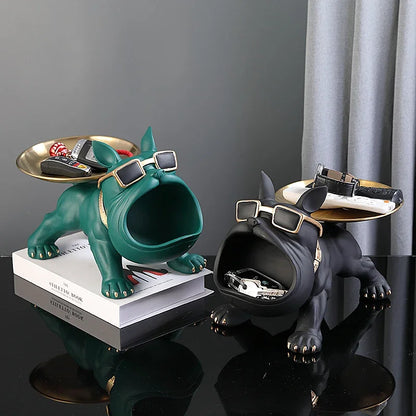 Bulldog Resin Statue with Storage Tray - Elegant Animal Decoration and Art Sculpture for Home Decor