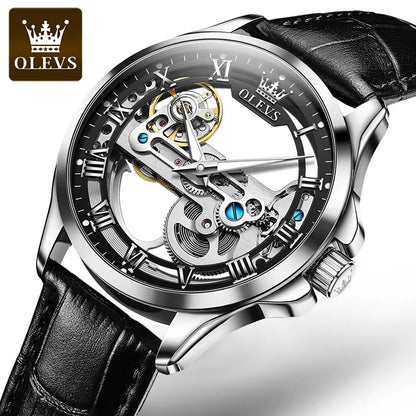 OLEVS Luxury Men's Automatic Mechanical Skeleton Wristwatch with Waterproof Leather Strap