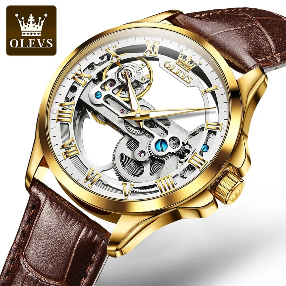OLEVS Luxury Men's Automatic Mechanical Skeleton Wristwatch with Waterproof Leather Strap
