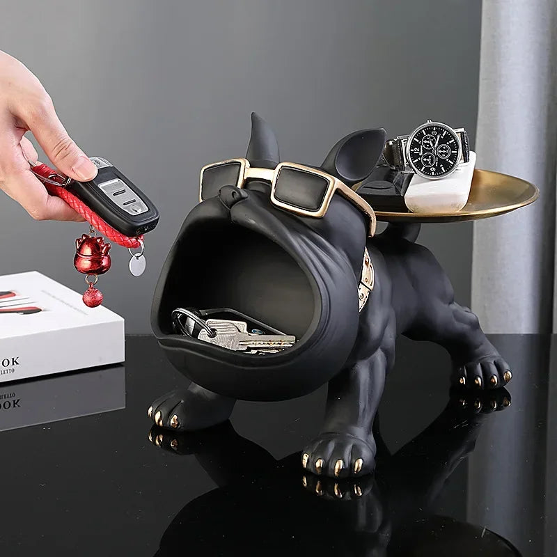 Bulldog Resin Statue with Storage Tray - Elegant Animal Decoration and Art Sculpture for Home Decor
