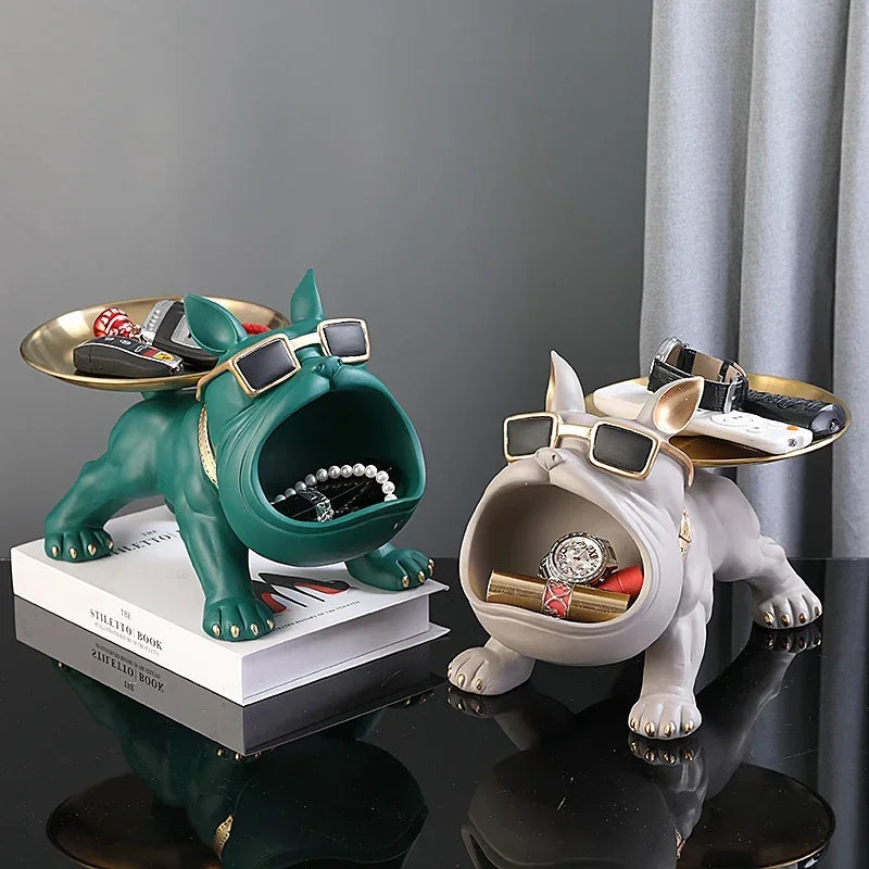 Bulldog Resin Statue with Storage Tray - Elegant Animal Decoration and Art Sculpture for Home Decor