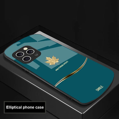  luxury Maple Leaf case for iPhone 16, 15 , 14, 13 and 12. Pro and Max also. Elliptical Glass Phone Case