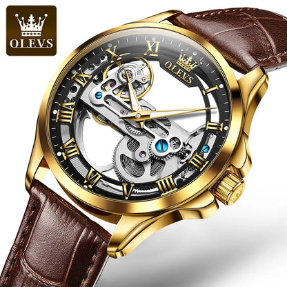 OLEVS Luxury Men's Automatic Mechanical Skeleton Wristwatch with Waterproof Leather Strap