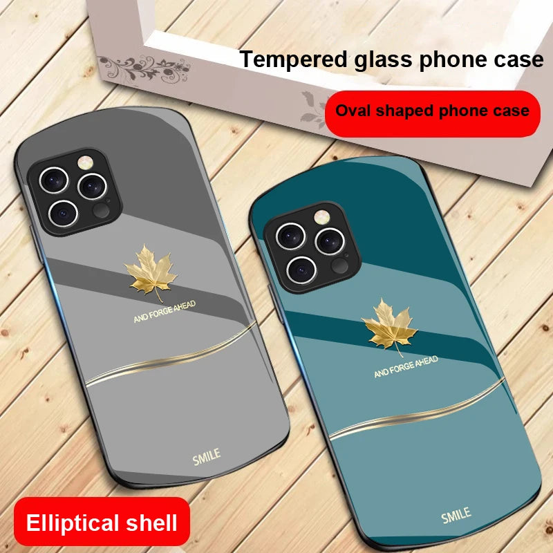  luxury Maple Leaf case for iPhone 16, 15 , 14, 13 and 12. Pro and Max also. Elliptical Glass Phone Case