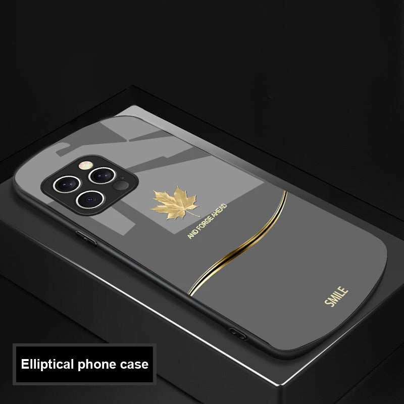  luxury Maple Leaf case for iPhone 16, 15 , 14, 13 and 12. Pro and Max also. Elliptical Glass Phone Case