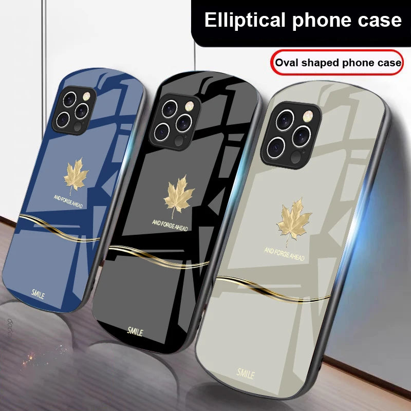  luxury Maple Leaf case for iPhone 16, 15 , 14, 13 and 12. Pro and Max also. Elliptical Glass Phone Case