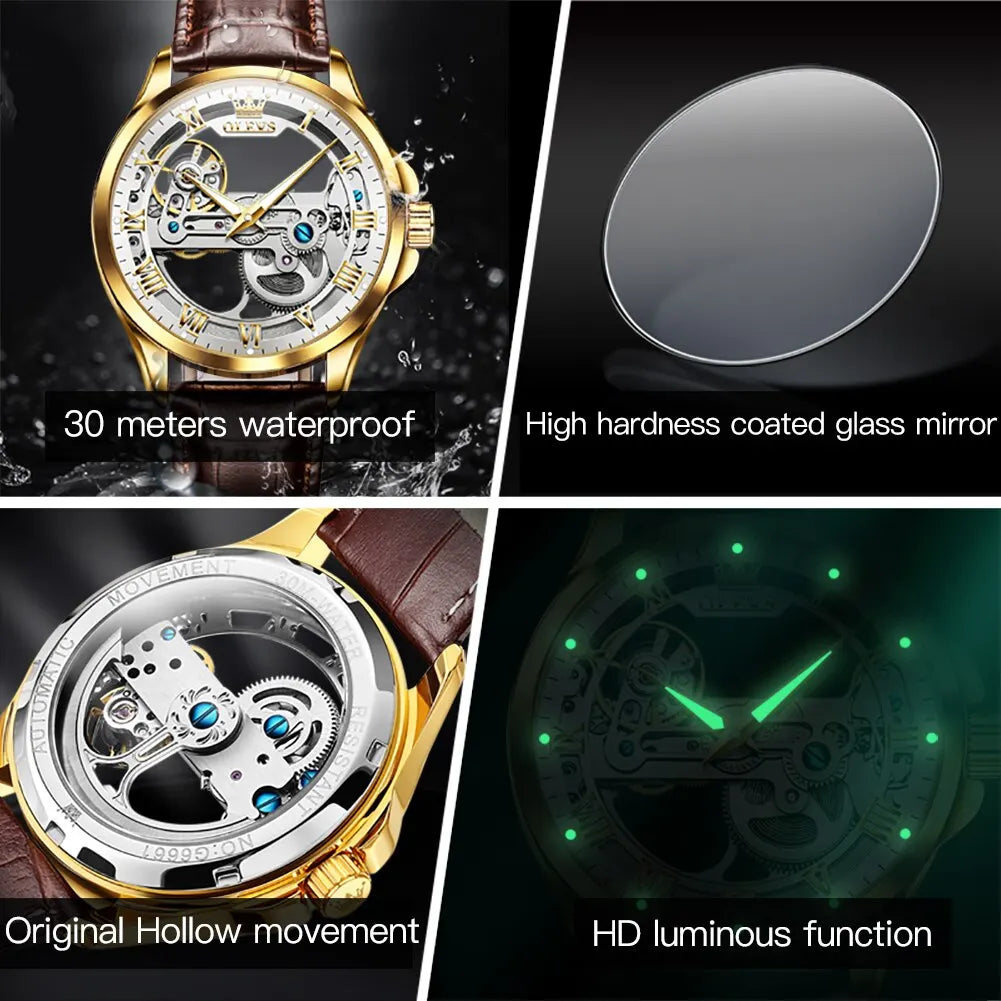 OLEVS Luxury Men's Automatic Mechanical Skeleton Wristwatch with Waterproof Leather Strap