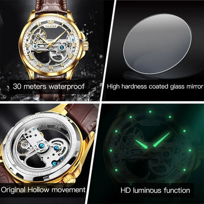 OLEVS Luxury Men's Automatic Mechanical Skeleton Wristwatch with Waterproof Leather Strap