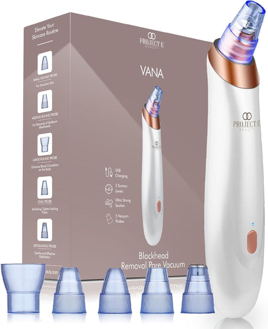 Project E Beauty Blackhead Removal Pore Vacuum | Blackheads & Whiteheads Extractor | Pore Cleansing | Strong Suction | Minimized Pores | Tighter, Firmer Skin | with 5 Suction Heads